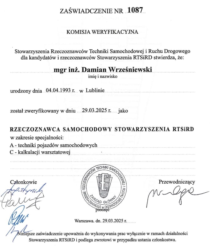 Certyfikat ekspertyzy motoryzacyjnej